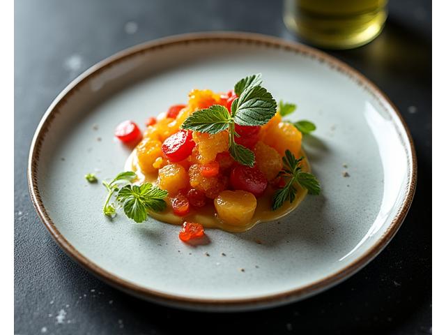 Beautifully plated gourmet dish with vibrant colors and intricate presentation, shot with professional food lighting