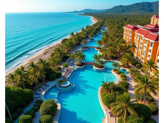 Drone view of a sprawling luxurious resort with pool and gardens