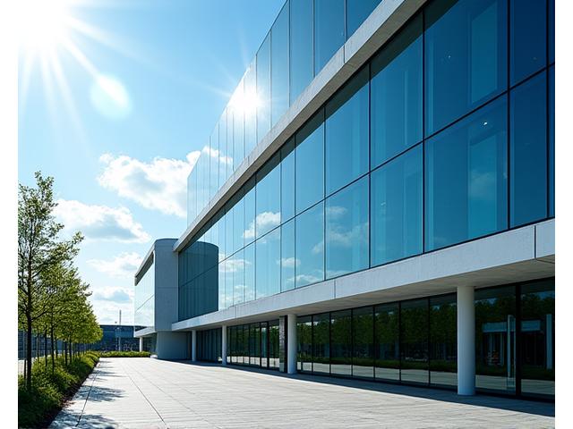 Modern building exterior with glass facade under a bright sky
