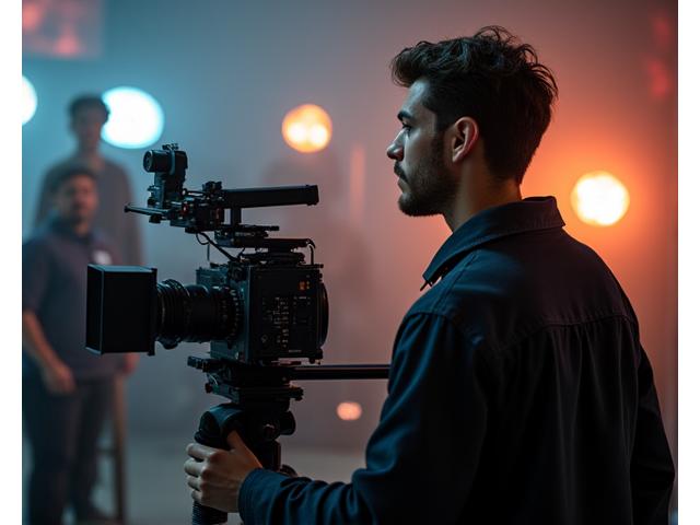 Videographer operating a professional camera rig on a set